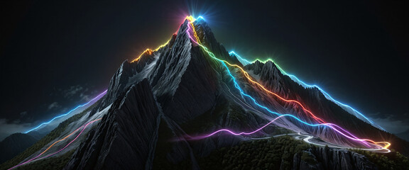 Wall Mural - brightly colored hiking trail and the route of the ascent winds over a mountain and reaches the top 