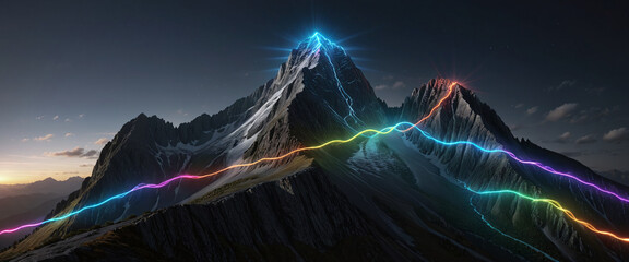 Wall Mural - brightly colored hiking trail and the route of the ascent winds over a mountain and reaches the top 
