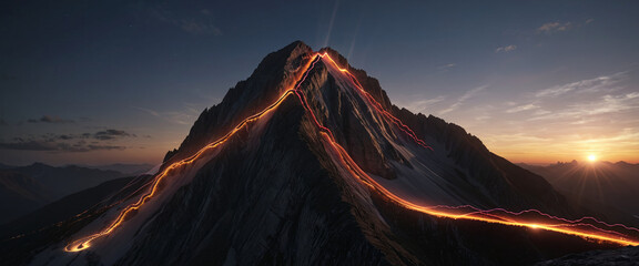 Wall Mural - brightly colored hiking trail and the route of the ascent winds over a mountain and reaches the top 