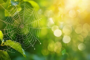 Canvas Print - Spider Web with Dew Drops in Sunlight