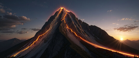 Wall Mural - brightly colored hiking trail and the route of the ascent winds over a mountain and reaches the top 