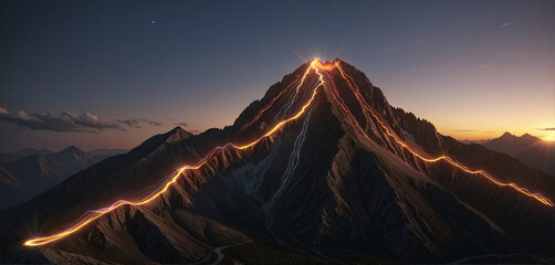 Wall Mural - brightly colored hiking trail and the route of the ascent winds over a mountain and reaches the top 