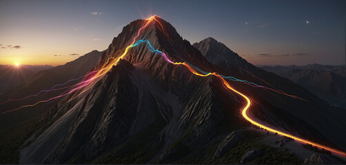 Wall Mural - brightly colored hiking trail and the route of the ascent winds over a mountain and reaches the top 