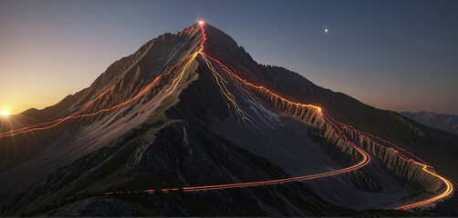 Wall Mural - brightly colored hiking trail and the route of the ascent winds over a mountain and reaches the top 