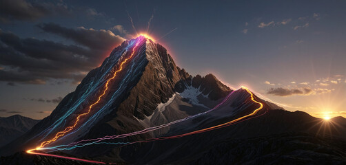 Wall Mural - brightly colored hiking trail and the route of the ascent winds over a mountain and reaches the top 