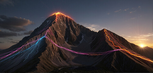 Wall Mural - brightly colored hiking trail and the route of the ascent winds over a mountain and reaches the top 