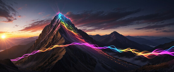 Wall Mural - brightly colored hiking trail and the route of the ascent winds over a mountain and reaches the top 