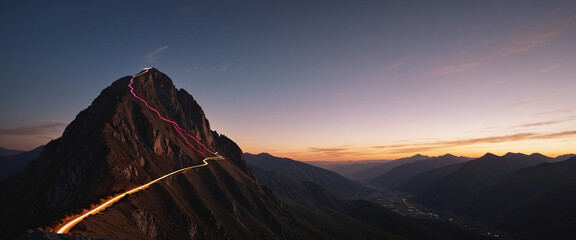 Wall Mural - brightly colored hiking trail and the route of the ascent winds over a mountain and reaches the top 