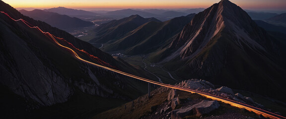 Wall Mural - brightly colored hiking trail and the route of the ascent winds over a mountain and reaches the top 