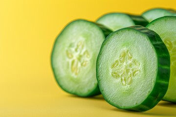 Wall Mural - Fresh Sliced Cucumbers on Yellow Background