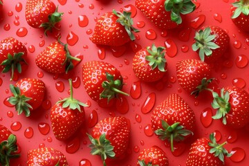 Wall Mural - Fresh Strawberries on Red Background