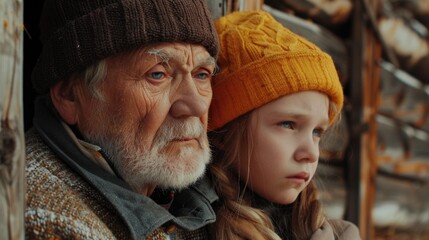 Wall Mural - An elderly man stands alongside a young girl, showing a heartwarming moment of companionship