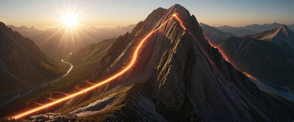 Wall Mural - brightly colored hiking trail and the route of the ascent winds over a mountain and reaches the top 