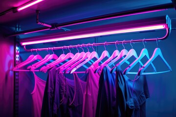Wall Mural - A clothes rack illuminated by neon lights in a room, great for nightlife or fashion concepts