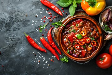 Wall Mural - Traditional Mexican dish chili con carne in clay bowl on rustic background