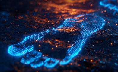 Wall Mural - Digital blue footprints glowing on a dark technological background.