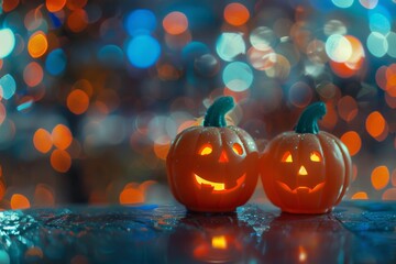 Wall Mural - Halloween Pumpkin Lanterns with Bokeh Background