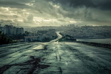 Wall Mural - A wet road with a city in the background, perfect for use in weather-related or urban-themed projects