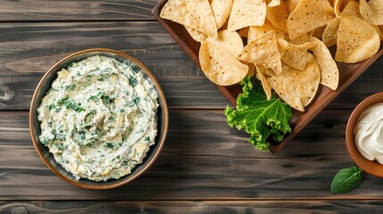 Wall Mural - A close-up overhead shot of a green bowl filled with creamy spinach dip, garnished with fresh basil. Potato chips and garlic cloves are also pictured