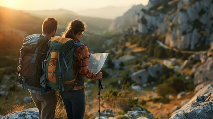 Young couple hiking in the mountains. They are looking at a map and planning their route. The sun is setting and the sky is a warm orange color.