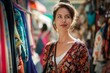 © YURY YUTY - Woman in a colorful outfit smiles at a market stall, enjoying a sunny day of shopping.