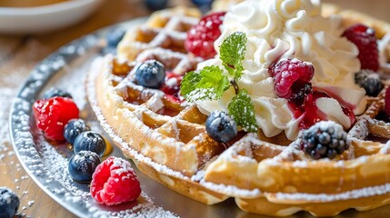 Wall Mural - A gourmet waffle topped with whipped cream, berries, and maple syrup.