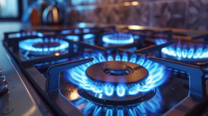 Wall Mural - A close-up view of a gas stove with blue flames, ideal for use in cooking or decorative illustrations