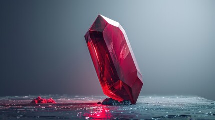 Large, faceted red gemstone with a reflective surface, set against a neutral grey background with a hint of red light and what appears to be red dust or powder at the base of the gemstone