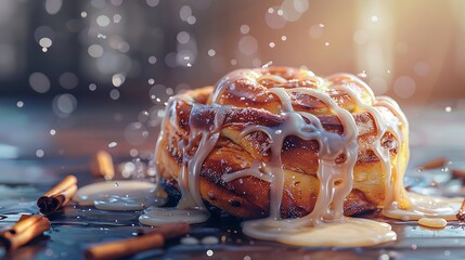 Wall Mural - A freshly baked cinnamon roll with gooey icing melting down the sides.