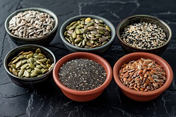 Sticker - Various healthy seeds sesame flax sunflower pumpkin chia and black seeds in bowls on black stone