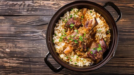 Wall Mural - A close-up view of a pan of fried rice with meat and peas, served on a wooden table