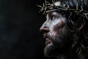 Wall Mural - A person wearing a crown of thorns, suitable for use in religious or symbolic contexts