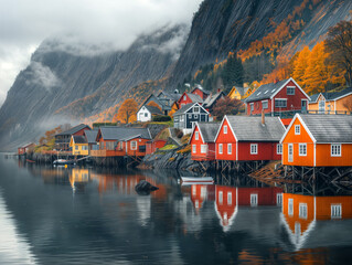Wall Mural - Colorful houses next to serene lake in Nordic setting