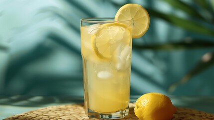 Wall Mural - A refreshing lemonade served in a tall glass with a slice of lemon on the rim.