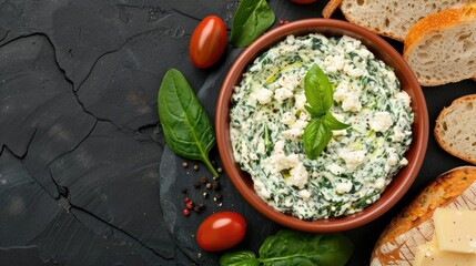 Wall Mural - A close-up image of a bowl of creamy spinach and cream cheese spread served with slices of crusty bread