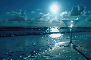 Wall Mural - A martini glass sits on a sandy beach, bathed in the soft glow of the setting sun, reflecting the tranquility of the ocean