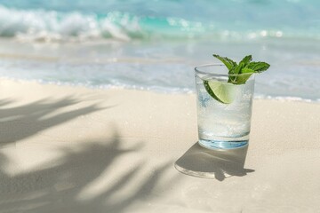 Wall Mural - A glass of water with a lime and mint garnish sits on the beach with the ocean in the background