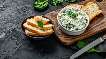 Wall Mural - A close-up image of a bowl of creamy spinach and cream cheese spread served with slices of crusty bread