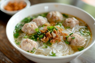 Wall Mural - White bowl with pork ball rice noodle soup