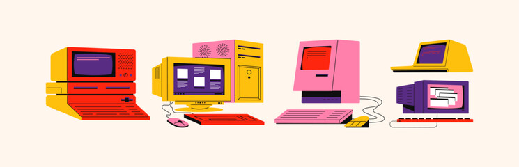 Wall Mural - retro old computers in memphis 90s style. nostalgia cartoon personal computer user interface. groovy
