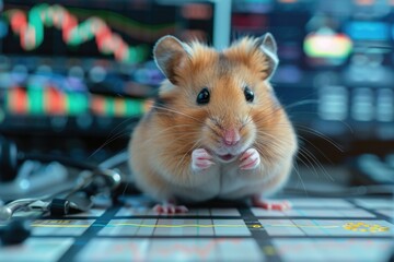 Wall Mural - A hamster sits on a desk with a graph in the background, looking intently at a chart