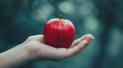 A close-up of a hand holding a bright red apple against a blurred outdoor background, symbolizing health and freshness