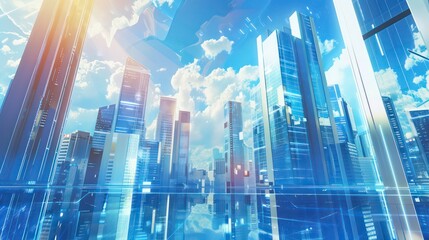 Wall Mural - Picture of modern skyscrapers of a smart city, futuristic financial district with buildings and reflections , blue color background for corporate and business template with warm sun rays of light