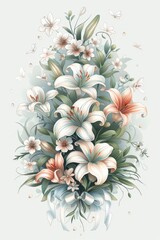 Wall Mural - Elegant White Lily Bouquet With Peach Flowers and Ribbon