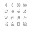 © PaleStudio - Set of rest room related icons, family wc, do not throw sign, water tap, water drop, cleaning supplies and linear variety vectors.