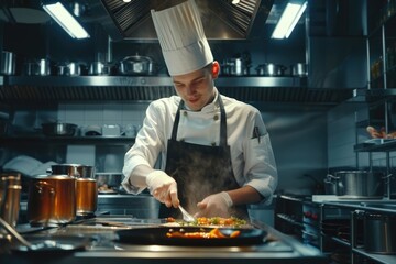 Gourmet chef cooking in commercial kitchen  happy male cook.