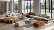 © Aeman - contemporary modular sofa system that can be customized in various configurations, shown in a spacious living room with large, floor-to-ceiling windows