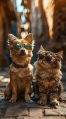 Wall Mural - Portrait of cat and dog with sunglasses.