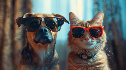 Wall Mural - Cat and dog in sunglasses.