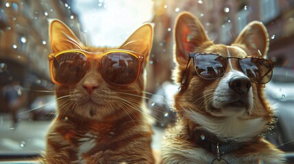 Wall Mural - Funny background with dog and cat in sunglasses.